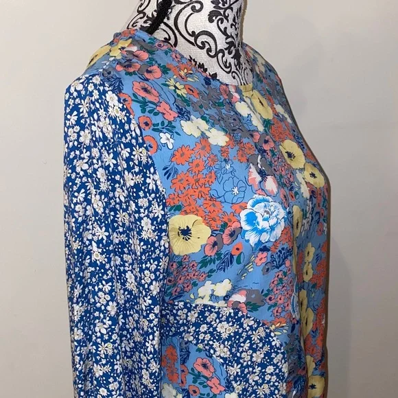 NWOT!! Umgee Patchwork Boho Blue & Yellow Floral Long Sleeve Dress Size Small - Picture 4 of 13